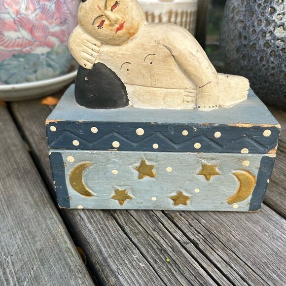 Indonesian Folk Art Sleeping Bhudha Box Carved Wood Hand Painted Stars Moon - Picture 14 of 14